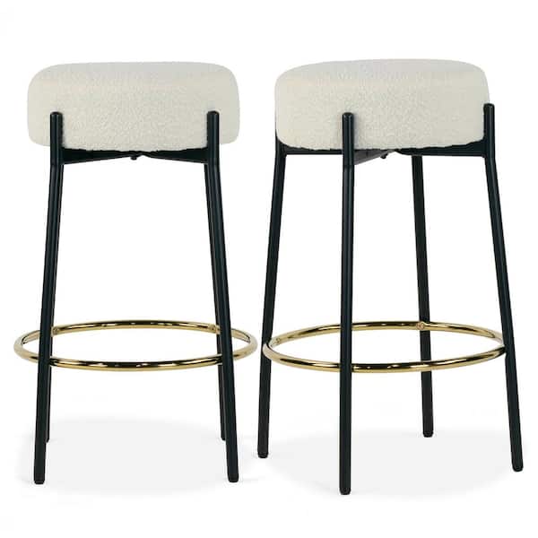 Glamour Home Avner 27 in. Beige Boucle Backless Metal Counter Stool with Black Metal Legs Set of 2