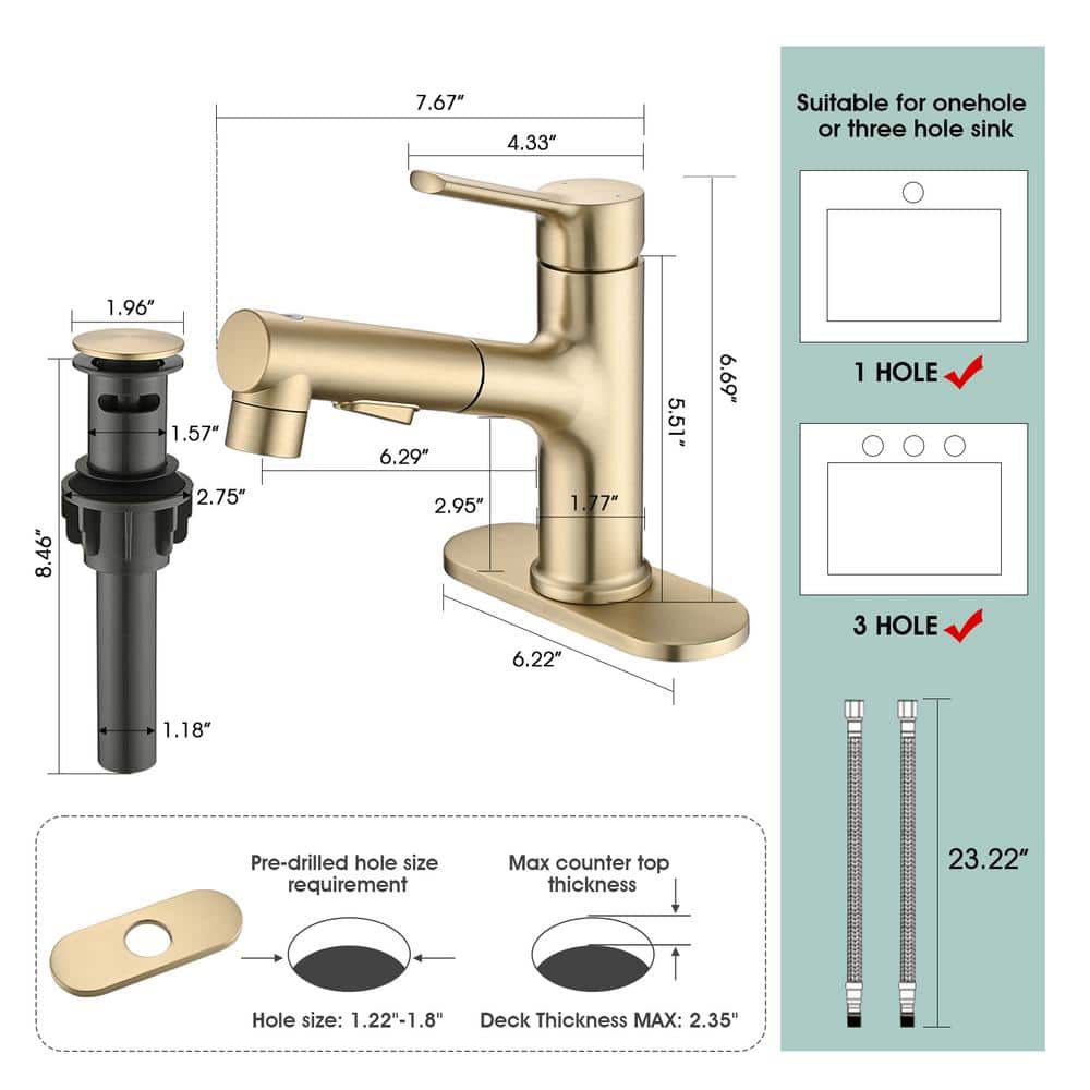 Brushed Gold Stainless Steel Single Handle Bathroom Faucet