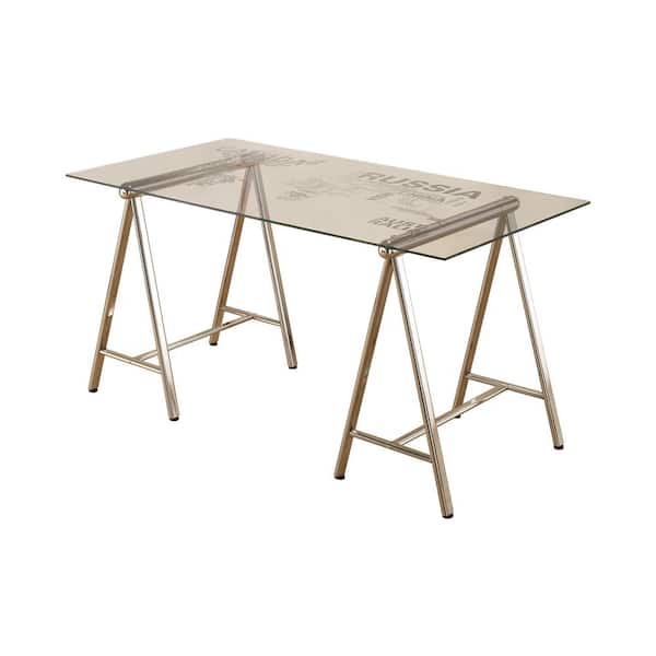 Coaster Patton 59 in. Rectangular Nickel and Printed Clear Writing Desk with World Map Top