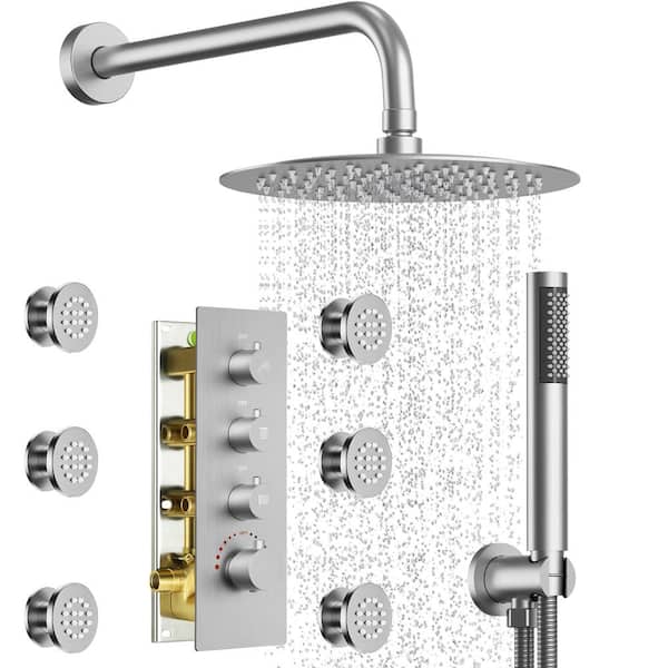 YAWWALK 7-Spray Patterns Thermostatic 12 in. Wall-Mounted Shower Head with 6 Jets in Brushed Nickel (Valve Included)
