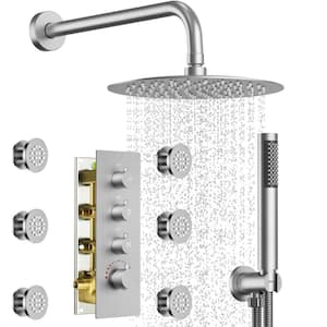 7-Spray Patterns Thermostatic 2.5 GPM 12 in. Wall-Mounted Shower Head with 6 Jets in Brushed Nickel(Valve Included)