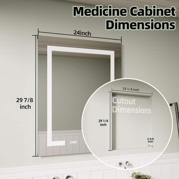 24 in. W x 30 in. H Rectangular Silver Aluminum Recessed/Surface Mount Left LED Medicine Cabinet with Mirror and Clock