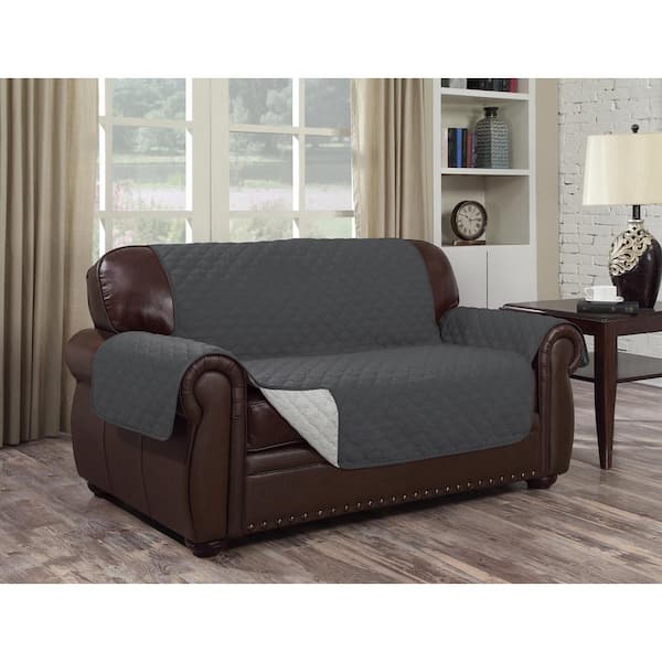 J&V TEXTILES Grey Microfiber Water Resistant Reversible Loveseat Slipcover