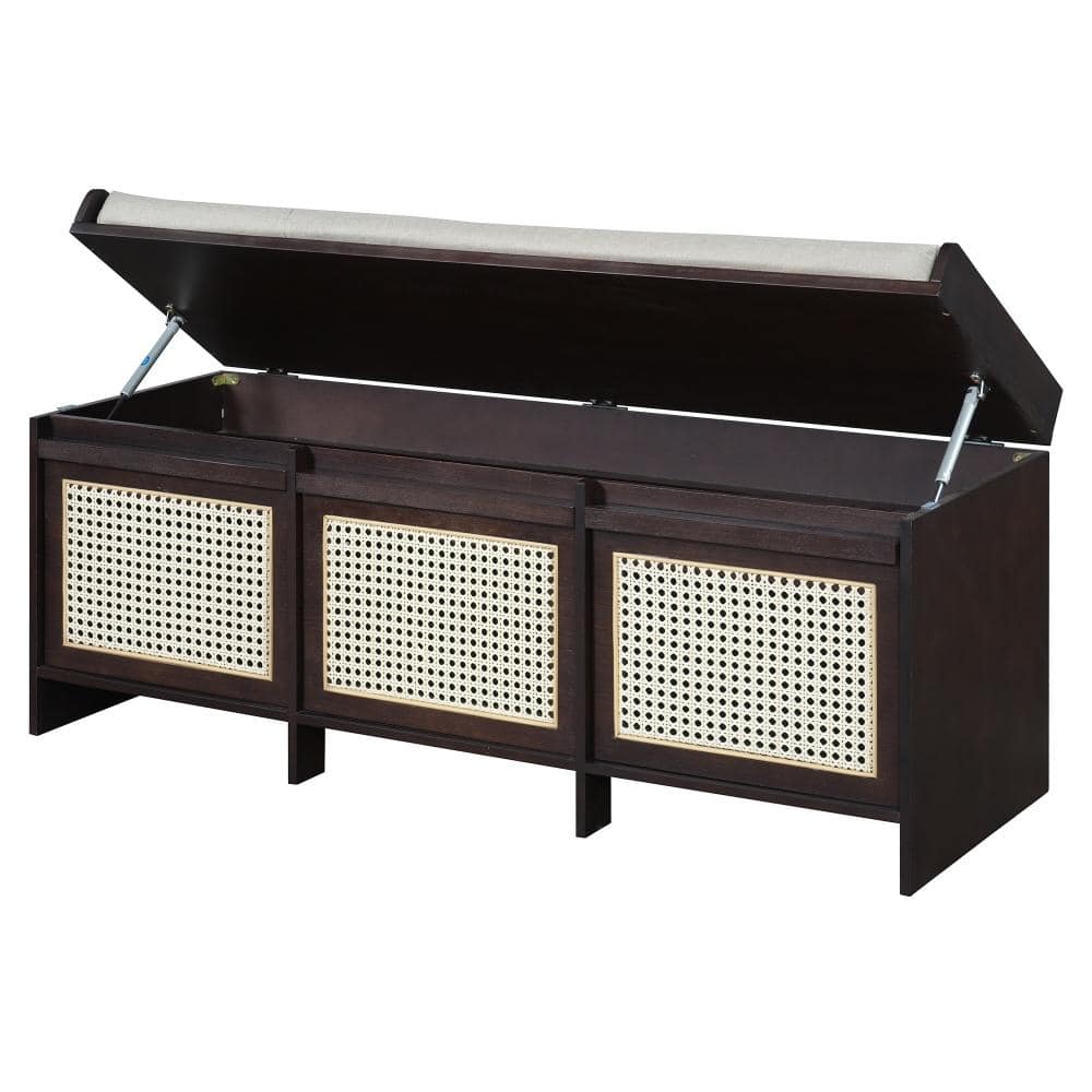 48 in. Storage Bench Espresso MDF with Rattan Drawers & Tufted Cushion Assembly Required