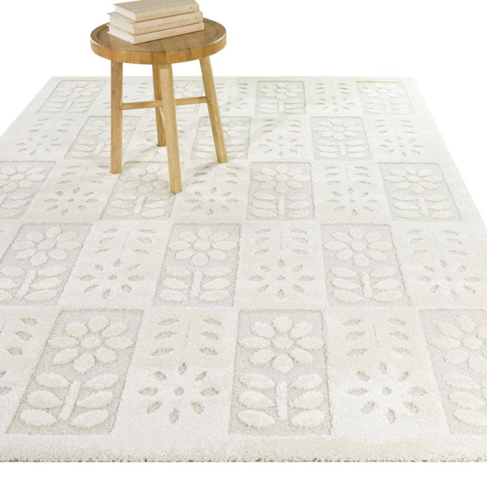 Cream Floral Rectangular Synthetic Easy Care Area Rug