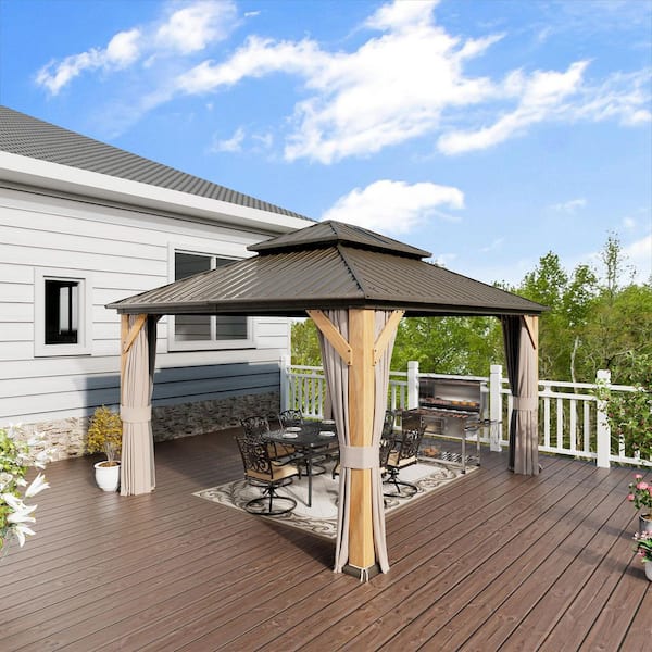 12 ft. x 14 ft. Brown Cedar Wood Frame Hardtop Gazebo with Galvanized Steel Double Roof, Curtains and Netting