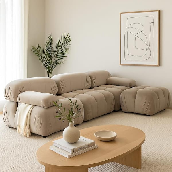 62 in. Curved Velvet L Shaped Sectional Sofa in. Tan Brown