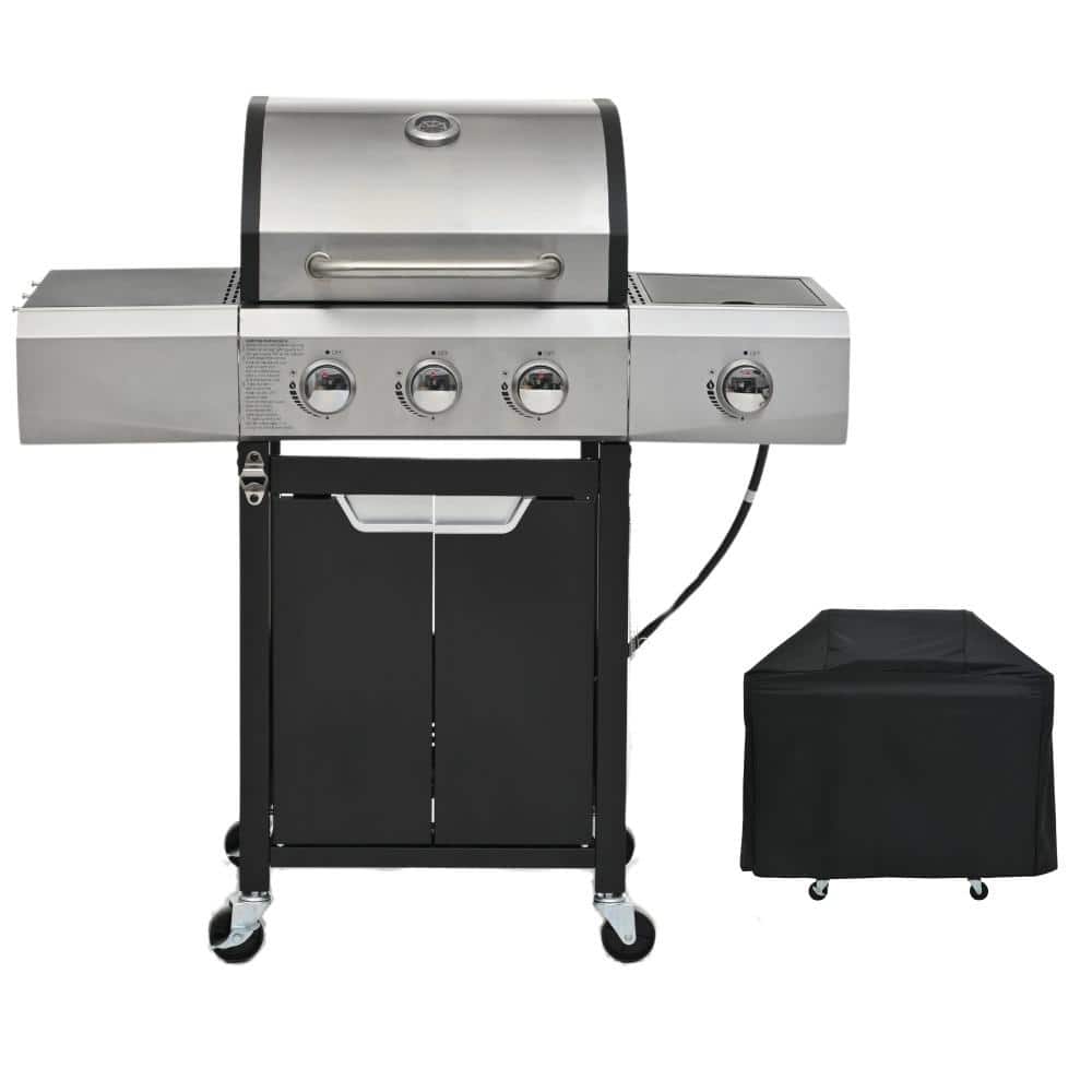 Outdoor Portable 3-Burner Propane Gas Grill with Side Burner and Cover in Stainless Steel