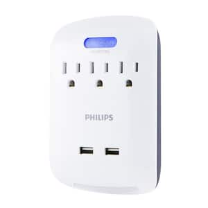 3-Outlet 2 USB 2.1 Amp Surge Protector Tap with Guidelight, White