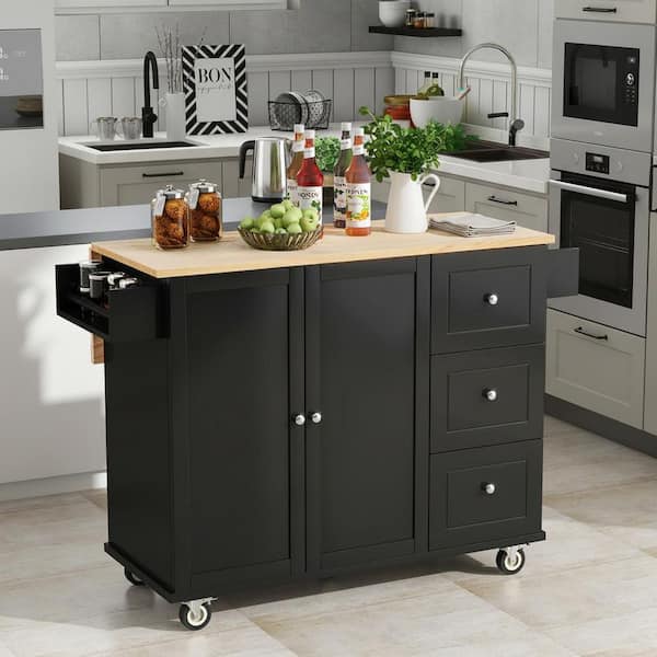 Farmhouse Black Wood 52.76 in. Drop Leaf Rolling Storage Kitchen Island Cart with 3-Drawer and 2-Door