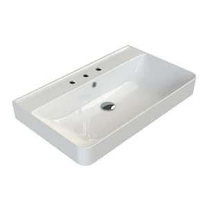 Hera Modern White Ceramic Rectangular Wall Mounted Sink with Three Faucet Holes