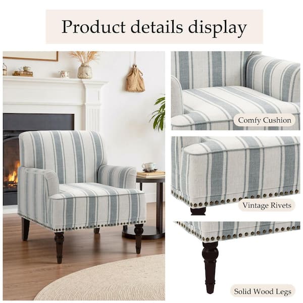 Uixe Modern Blue Striped Linen Fabric Upholstered Accent Armchair