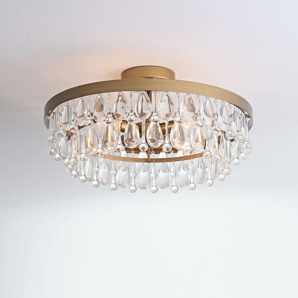 Jojospring Adela 18 in. in Diameter Brushed Brass 4-Light Crystal Teardrop Round Flush Mount