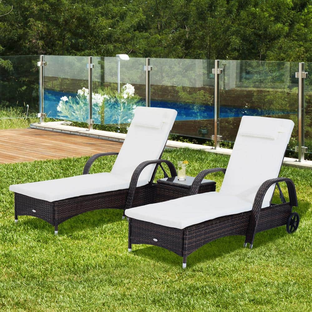 Brown and White Rattan Wicker Outdoor Chaise Lounge Set with Cushions