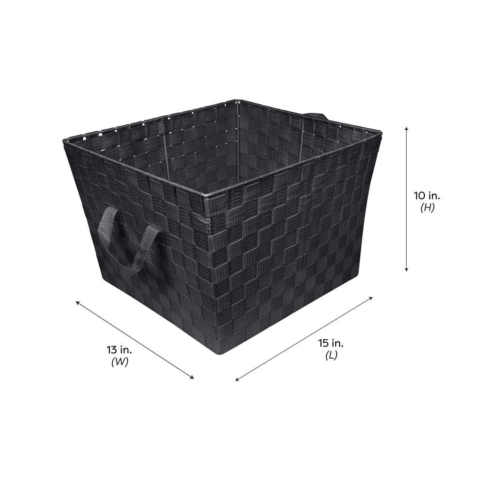 Large Black Woven Polypropylene Storage Tote with Strap Handles