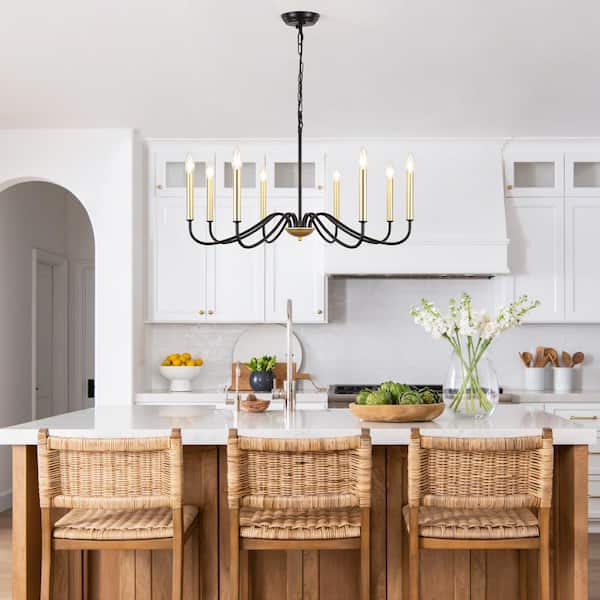 8-Light Black and Gold Candle Design Hanging Linear Chandelier Lighting Ceiling Light for Kitchen Island