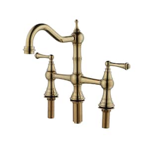 2 Handles 4 Holes 8.85 in. Solid Brass Bridge Dual Handles Kitchen Faucet with Pull-Out Side Sprayer in Gold