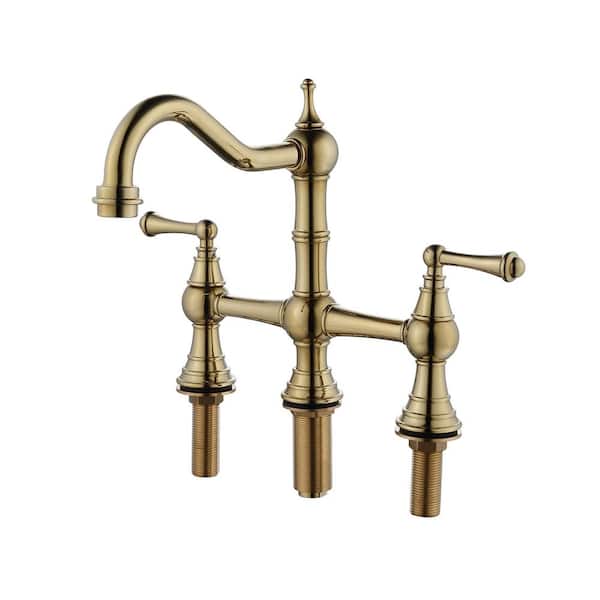Lukvuzo 2 Handles 4 Holes 8.85 in. Solid Brass Bridge Dual Handles Kitchen Faucet with Pull-Out Side Sprayer in Gold