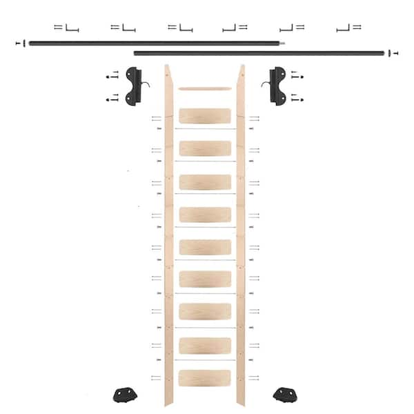 Quiet Glide 9.92 ft. Maple Library Ladder (11 ft. Reach) Black Hook Hardware 12 ft. Rail and Horizontal Brackets