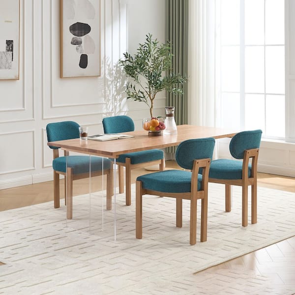 Modern Teal Fabric Upholstered Dining Room Chair Kitchen Chairs with Wood Frame and Adjustable Foot Nails Set of 2