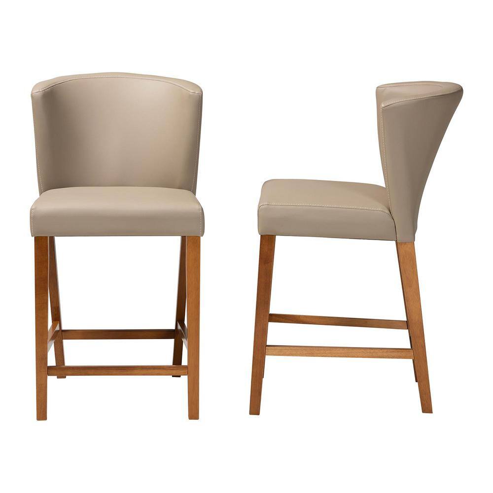 Mid-Century Modern Walnut Wood & Grey Faux Leather Pub Stools (Set of 2)