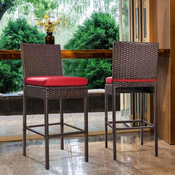 Zeus & Ruta Patio Bar Chairs 2 of Piece Wicker Square 43.5 in. Outdoor Dining Set with Red Cushions