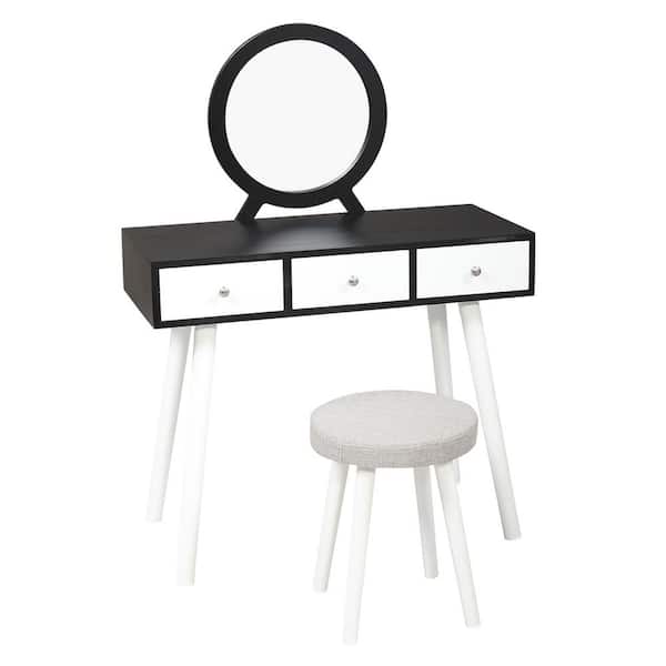 CIPACHO 3-Drawer White and Black Dresser with Round Mirrored and Stool 48 in. H x 15.7 in. W x 35 in. D