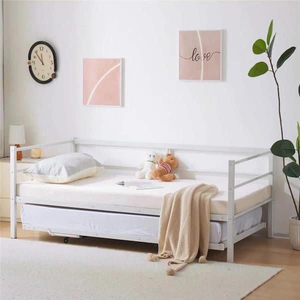 White Twin Size Daybed with Pop Up Trundle Heavy Duty Metal Twin Bed with Trundle No Box Spring Needed