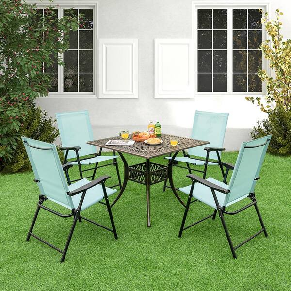 4 -Piece Folding Sling Back Chair Portable Armrests Metal Outdoor Dining Chair in Green