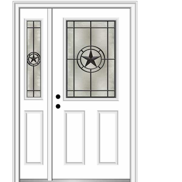 MMI DOOR Elegant Star 53 in. x 81.75 in. Inswing 1/2 Lite Decorative Glass White Painted Fiberglass Prehung Front Door