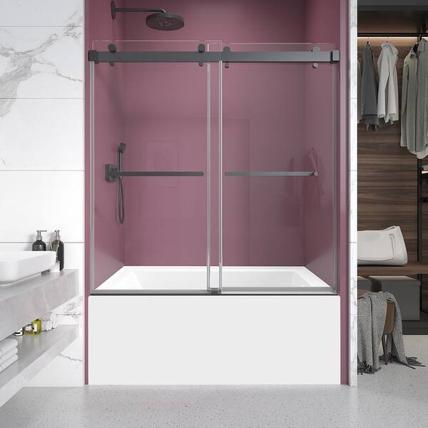 CKB 60 in. W x 66 in. H Double Sliding Frameless Shower Tub Door in Matte Black with Clear 3/8 in. Glass