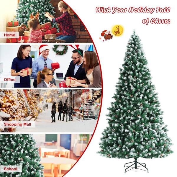 Gymax 7 5 Ft Snow Flocked Artificial Christmas Tree Hinged Xmas Tree With Pine Cones Gym08408 The Home Depot