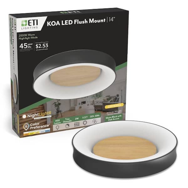ETI LIGHTING KOA 14 in. Matte Black Round LED Flush Mount with Oak Accent, Night Light, 1400LM, 21W, Selectable CCT, Dimmable
