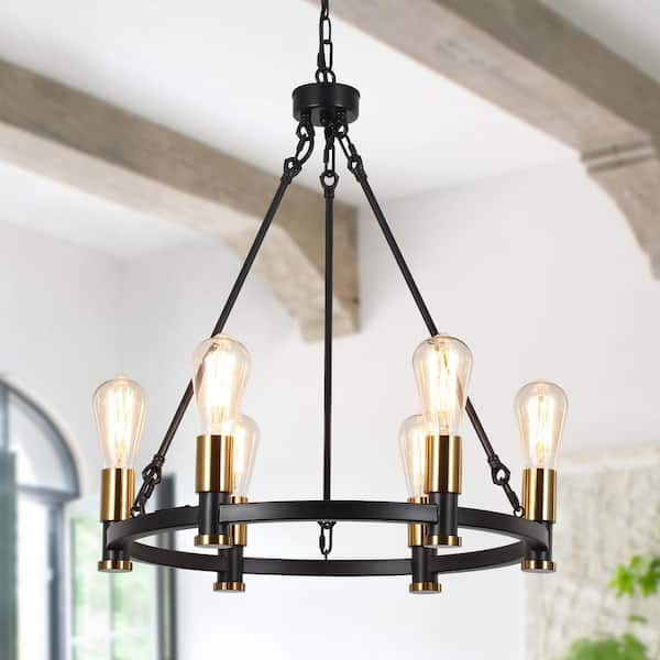LWYTJO Toriona 6-Light Black/Gold Dimmable Wagon Wheel Chandelier Kitchen Island Farmhouse Metal Adjustable Height Pendant