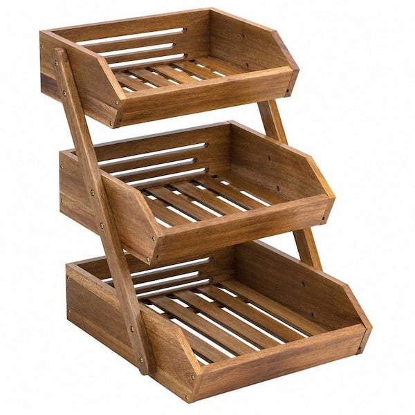 1 Piece 3-Tier Acacia Wood Fruit Basket, Good Load-Bearing Capacity, Easy to Clean and Install, Breathable Structure
