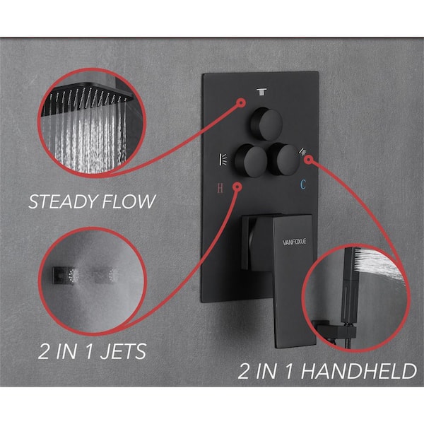5-Spray Shower Head 20*10 in. Wall Fixed and Handheld Shower Head 1.8 GPM with Pressure Balance and 4-Jet in Matte Black