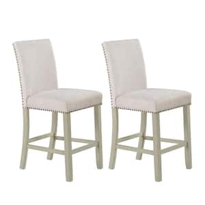 Beige Upholstered Counter Dining Chair Armless Bar Stool with Wood Frame and Footrest for Kitchen Island Set of 2