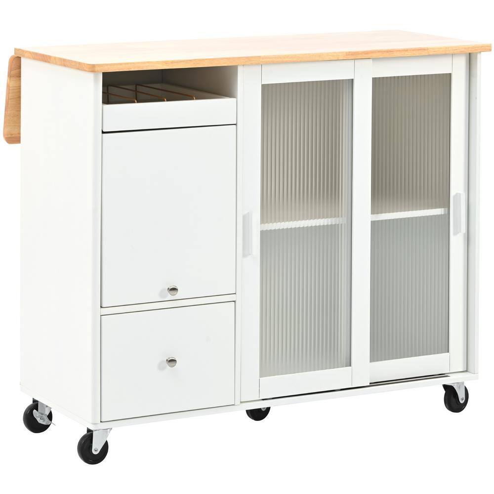 White Wood 44.1 in. Kitchen Island with Drop Leaf LED Light Cart on Wheels 2-Fluted Glass Doors 1-Flip Cabinet Door