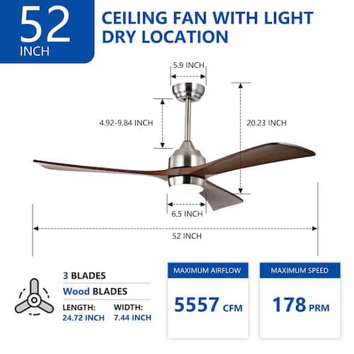 52 in. Industrial Indoor Silver Intergrated LED Ceiling Fan Lighting with 3 Blades and Remote Control Ceiling Fans