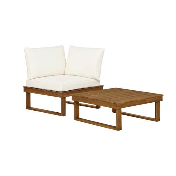 Linon Home Decor Didier Natural Acacia Wood Corner Outdoor Chair and Table Set with Beige Cushions