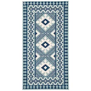 Veranda Ivory/Blue Doormat 3 ft. x 5 ft. Geometric Border Indoor/Outdoor Patio Area Rug