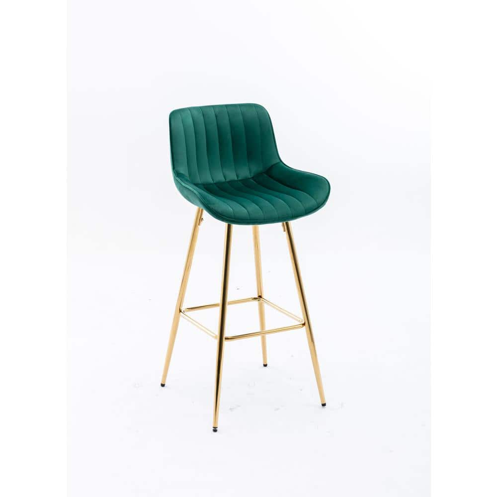 Gold Metal Outdoor Bar Stool with Green Velvet Fabric Cushions, Set of 2