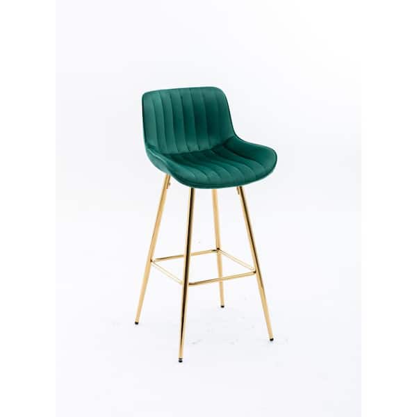Unbranded Gold Metal Outdoor Bar Stool with Green Velvet Fabric Cushions, Set of 2