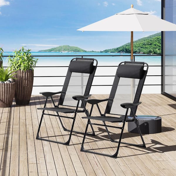 Otryad Black Metal Outdoor Chaise Lounge, Folding Patio Chairs Set of 2, Deck Chair with Adjustable Sling Back, Camping Chair