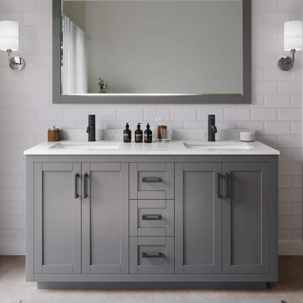 Wyndham Collection Miranda 60 in. W Double Bath Vanity in Dark Gray with Cultured Marble Vanity Top in Light-Vein Carrara with White Basins