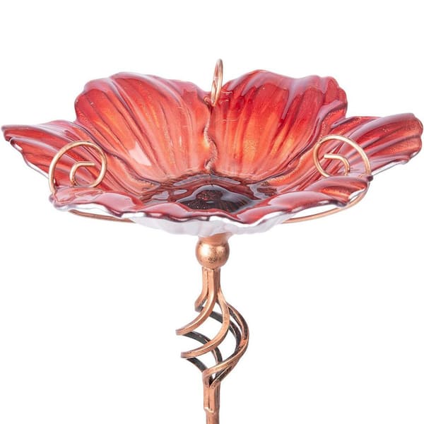 31 in. H x 11 in. Dia Red Glass Birdbath with Metal Stake