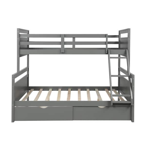 STICKON Gray Twin Over Full Bunk Bed with Ladder and 2-Storage Drawers