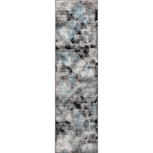 Black 2 ft. x  7 ft. Contemporary Distressed Geometric Area Rug