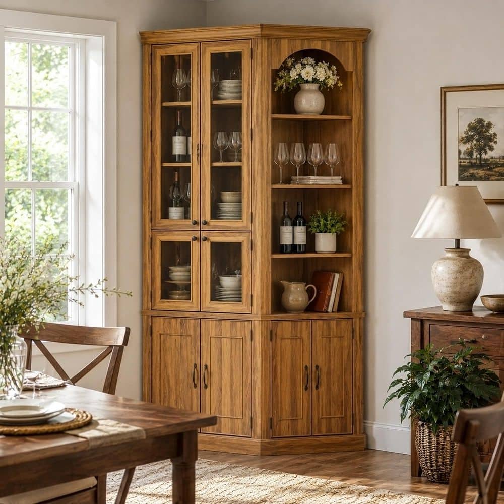 90.3 in. Tall Walnut Wood Grain Wood 12-Shelf Standard Bookcase, Right Corner Bookcase, Wall Bookcase w/ Door and Light