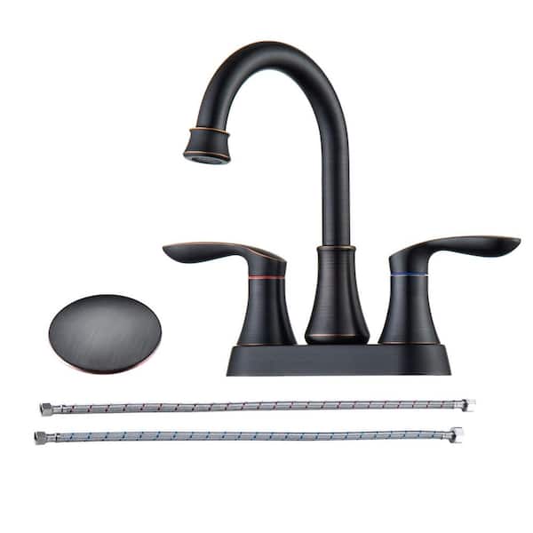 RAINLEX 4 in. Centerset Double-Handle High-Arc Bathroom Faucet with Drain Kit Included in Oil Rubbed Bronze
